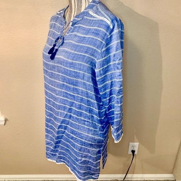 Tunic Top S / XS Fresh Produce Blue White Embroidered Detail Viscose Ties - Picture 6 of 16